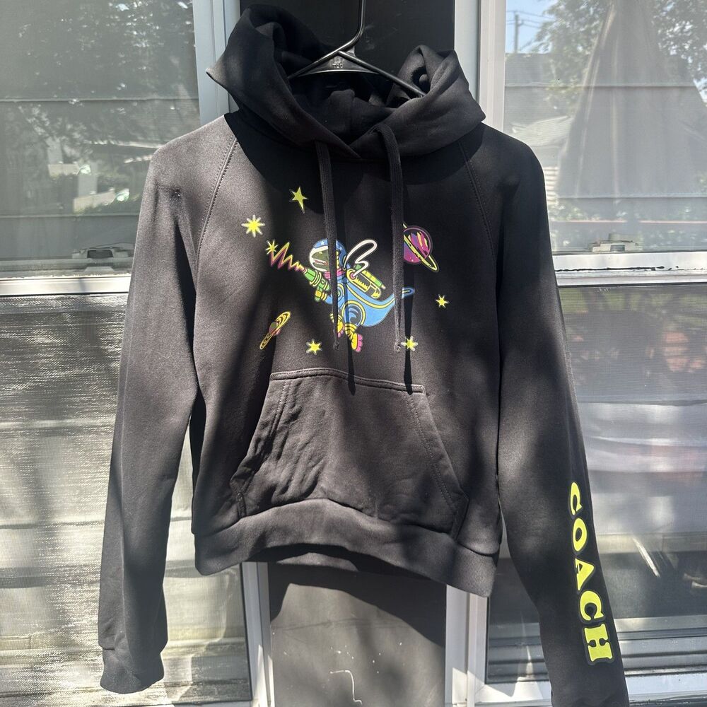 Coach Cosmic Rexy Print Raglan Hoodie Graphic Black Cropped Womens XS